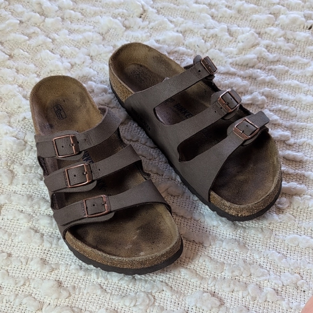 Birkenstock Florida Brown Triple Strap Sandals 41 Soft Footbed Birkibuc